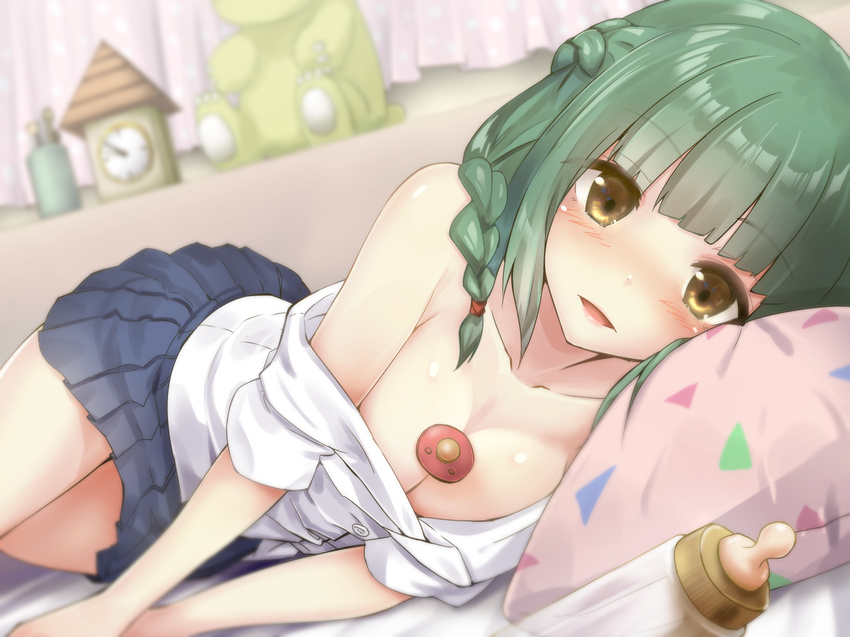 baby_bottle between_breasts blue_skirt blush bottle braid breasts cleavage clock crown_braid curtains green_hair indoors large_breasts looking_at_viewer lying miniskirt off_shoulder on_side original pacifier pleated_skirt shirt skirt smile solo stuffed_toy tenrai white_shirt yellow_eyes