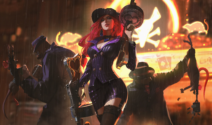 2boys breasts cleavage commentary earrings freckles garter_straps gun half-closed_eyes hat heart highres jewelry large_breasts league_of_legends lips looking_at_viewer mafia_miss_fortune makeup multiple_boys official_art pencil_skirt pinstripe_pattern rain rat red_hair sarah_fortune skirt snatti striped submachine_gun thighhighs thompson_submachine_gun weapon wet