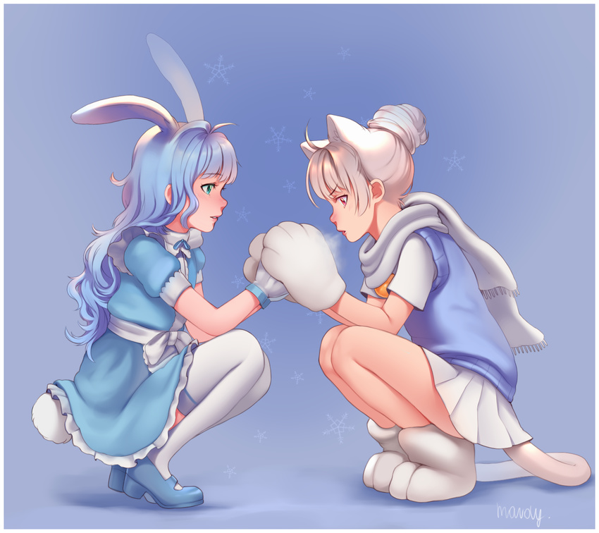 animal_ears apron blue_dress blue_hair blue_sweater breath bunny_ears bunny_tail cat_ears cat_tail cold dress elin_(tera) gloves green_eyes hair_bun highres holding_hands long_hair maid mary_janes mavoly multiple_girls paw_gloves paw_shoes paws red_eyes scarf shirt shoes short_hair silver_hair skirt squatting sweater sweater_vest tail tera_online thighhighs white_gloves white_legwear white_scarf white_shirt white_skirt