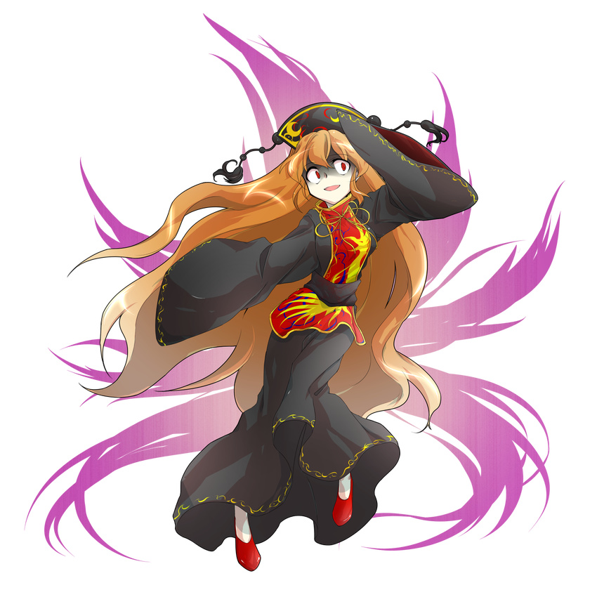 :d alphes_(style) bangs beads black_dress black_hat chinese_clothes constricted_pupils crazy_eyes crazy_smile crescent dairi dress energy eyebrows eyebrows_visible_through_hair fox_tail full_body hair_between_eyes hat highres junko_(touhou) long_hair long_sleeves open_mouth orange_hair parody red_eyes red_footwear ribbon sash shaded_face sleeves_past_wrists smile style_parody tabard tail tassel touhou transparent_background turtleneck very_long_hair wide_sleeves yellow_ribbon
