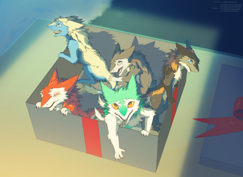 2018 4_toes ambiguous_gender anthro black_fur blue_eyes blue_fur box cub cute eyes_closed fur gift green_fur grey_fur group high-angle_view looking_at_viewer looking_up multicolored_fur night open_mouth orange_fur sergal shadow sidgi silver_eyes tan_fur toes tongue tongue_out two_tone_fur white_fur yellow_eyes young
