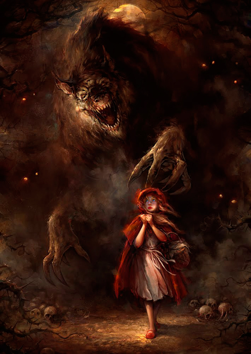 artist_request basket big_bad_wolf blonde_hair blue_eyes cape claws clenched_hands dark dress drooling full_body full_moon glowing glowing_eyes hands highres hood lips little_red_riding_hood little_red_riding_hood_(grimm) looking_at_another looking_down looking_up md5_mismatch monster moon open_mouth red_hood red_lips sharp_teeth size_difference skull teeth thorns walking wolf