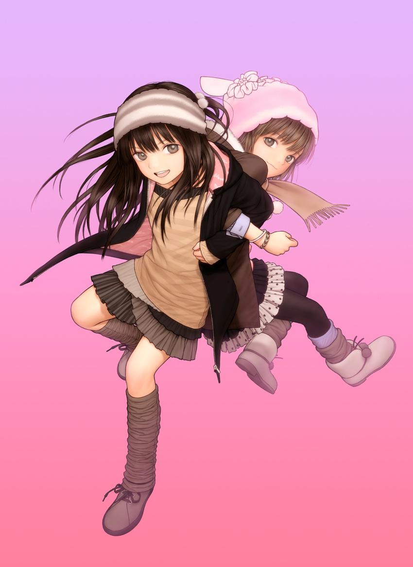 ankle_boots boots bracelet brown_eyes brown_hair commentary cover_image flat_chest full_body hat headband highres jewelry leg_warmers locked_arms looking_at_viewer multicolored multicolored_clothes multicolored_skirt multiple_girls original pantyhose pink_background pleated_skirt rustle scarf skirt smile striped winter_clothes