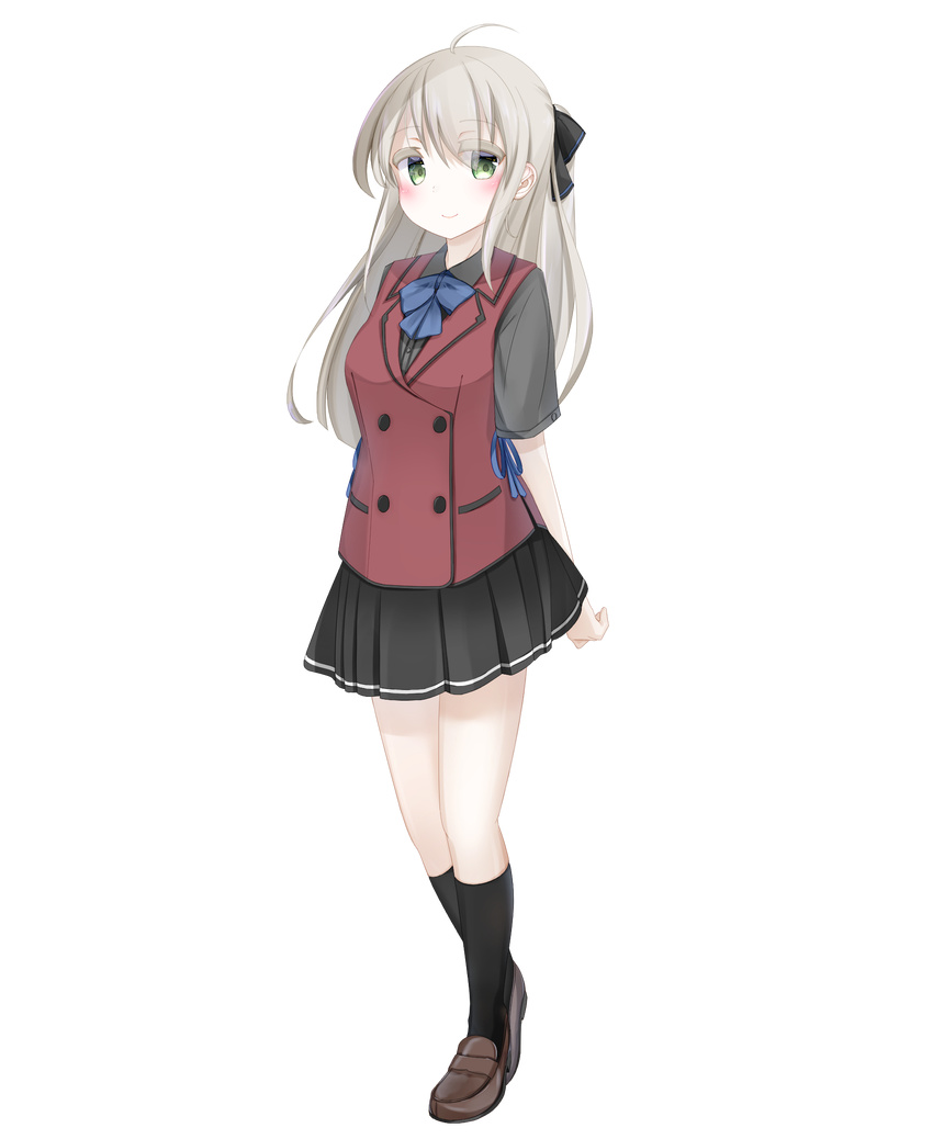 arms_at_sides black_bow black_legwear black_skirt blush bow brown_footwear full_body green_eyes grey_hair hair_bow highres kneehighs lauryl loafers long_hair looking_at_viewer original red_vest school_uniform shoes skirt smile solo standing transparent_background vest
