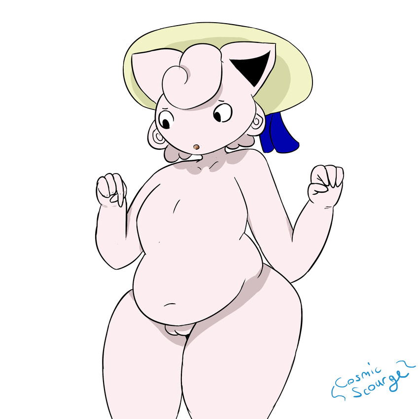 2018 anthro concern cosmicscourge female humor jigglypuff joke looking_down nintendo pok&eacute;mon pok&eacute;mon_(species) pussy simple_background slightly_chubby solo thick_thighs tiddypuff video_games wide_hips