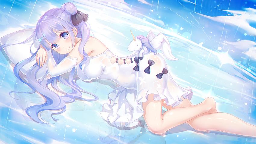 asanogawa_(tutufcc) azur_lane bangs bare_shoulders barefoot black_bow black_ribbon blue_sky blush bow breasts closed_mouth cloud commentary_request day detached_sleeves dress eyebrows_visible_through_hair hair_between_eyes hair_bun hair_ribbon long_hair long_sleeves lying medium_breasts on_side one_side_up pillow ribbon side_bun sky sleeveless sleeveless_dress smile solo stuffed_alicorn stuffed_animal stuffed_toy unicorn_(azur_lane) white_dress