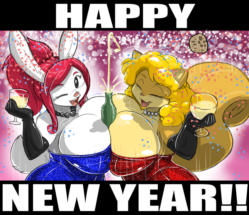 alcohol anthro beverage big_breasts blonde_hair bottle breasts champagne clothed clothing cork duo eyes_closed female fur glass hair holding_object holidays huge_breasts jewelry lagomorph looking_at_viewer mammal necklace new_year open_mouth rabbit red_hair rodent shonuff slightly_chubby smile squirrel sweetcorn voluptuous