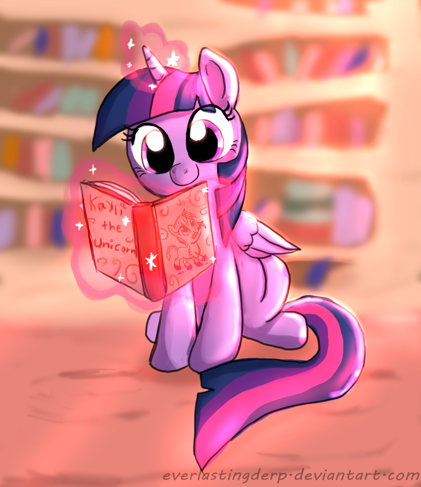 2014 blurred_background book bookcase cute english_text equine everlastingderp eyelashes feathered_wings feathers female friendship_is_magic full-length_portrait hair hi_res horn inside levitation library looking_at_viewer magic makeup mammal mascara multicolored_hair my_little_pony nude portrait purple_eyes reading sitting smile solo sparkles text twilight_sparkle_(mlp) watermark winged_unicorn wings