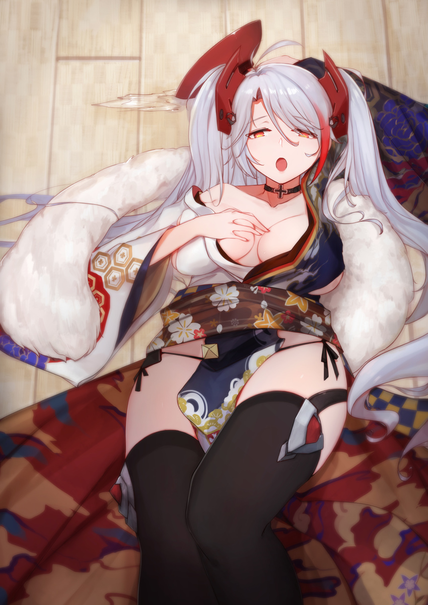 absurdres antenna_hair azur_lane bangs black_choker black_legwear breasts choker commentary floral_print hakama highres iron_cross japanese_clothes kimono large_breasts long_hair looking_at_viewer multicolored_hair obi open_mouth prinz_eugen_(azur_lane) sash silver_hair solo streaked_hair swept_bangs thighhighs thighs two_side_up wide_sleeves yellow_eyes yukata yukineko