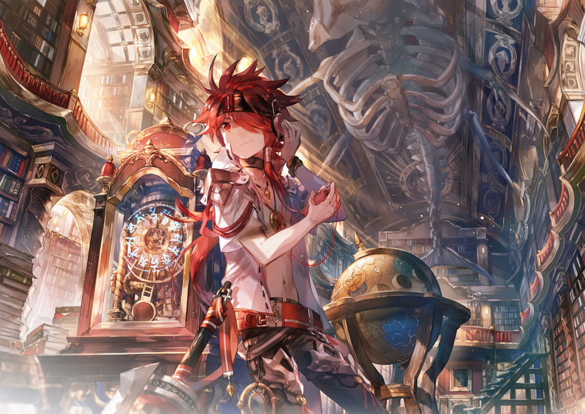 cellphone choker clock colorized commentary elsword elsword_(character) globe hair_over_one_eye hairband headphones indoors jewelry library long_hair necklace open_clothes open_shirt pants pauldrons phone ponytail red_eyes red_hair rune_master_(elsword) scorpion5050 shirt sidelocks skeleton smartphone solo sword weapon