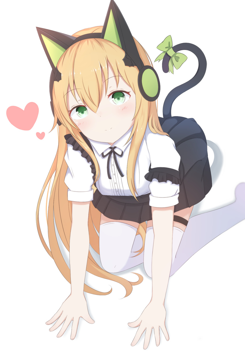 animal_ears arm_support bangs black_ribbon blonde_hair blush bow breasts brown_hair buttons cat_ear_headphones cat_ears cat_tail closed_mouth collared_shirt commentary eyebrows_visible_through_hair frills girls_frontline green_bow green_eyes green_ribbon hair_between_eyes head_tilt headphones highres kneeling long_hair looking_at_viewer pleated_skirt ribbon shirt sidelocks skirt smile solo starfox1015 tail tail_ribbon thigh_strap thighhighs thighs tmp_(girls_frontline) very_long_hair white_legwear white_shirt zettai_ryouiki