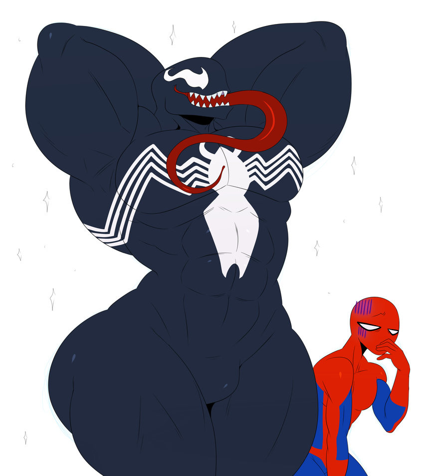 2017 abs big_butt big_muscles black_skin bulge butt chest_pattern clothing fangs grin hands_behind_head hi_res human humanoid male male/male mammal marvel monstrous_humanoid muscular muscular_male not_furry pecs pose simple_background smile sparkles spider-man_(character) spider-man_(series) sssonic2 symbiote teeth thick_thighs tongue tongue_out venom_(spider-man) white_skin wide_hips