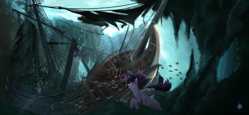 2017 adventure bubble cutie_mark detailed_background equine eyelashes feathered_wings feathers female fish friendship_is_magic hair horn lavender_fur makeup mammal marine mascara multicolored_hair my_little_pony noctilucent-arts open_mouth open_smile purple_eyes rock ruins sea ship shipwreck smile solo swimming twilight_sparkle_(mlp) underwater vehicle water winged_unicorn wings