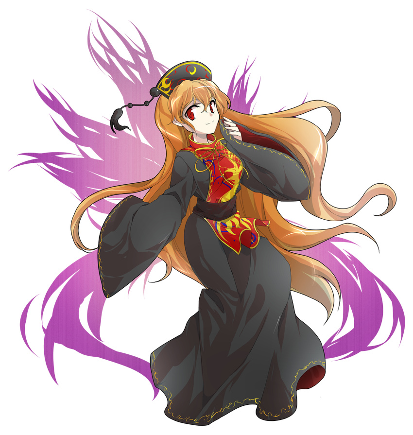 alphes_(style) bangs beads black_dress black_hat breasts chinese_clothes closed_mouth crescent dairi dress energy eyebrows eyebrows_visible_through_hair fingernails fox_tail full_body hair_between_eyes hat highres junko_(touhou) long_fingernails long_hair long_sleeves looking_at_viewer medium_breasts multiple_tails orange_hair parody red_eyes ribbon sash sleeves_past_wrists smile solo style_parody tabard tail tassel touhou transparent_background turtleneck very_long_hair wide_sleeves yellow_ribbon