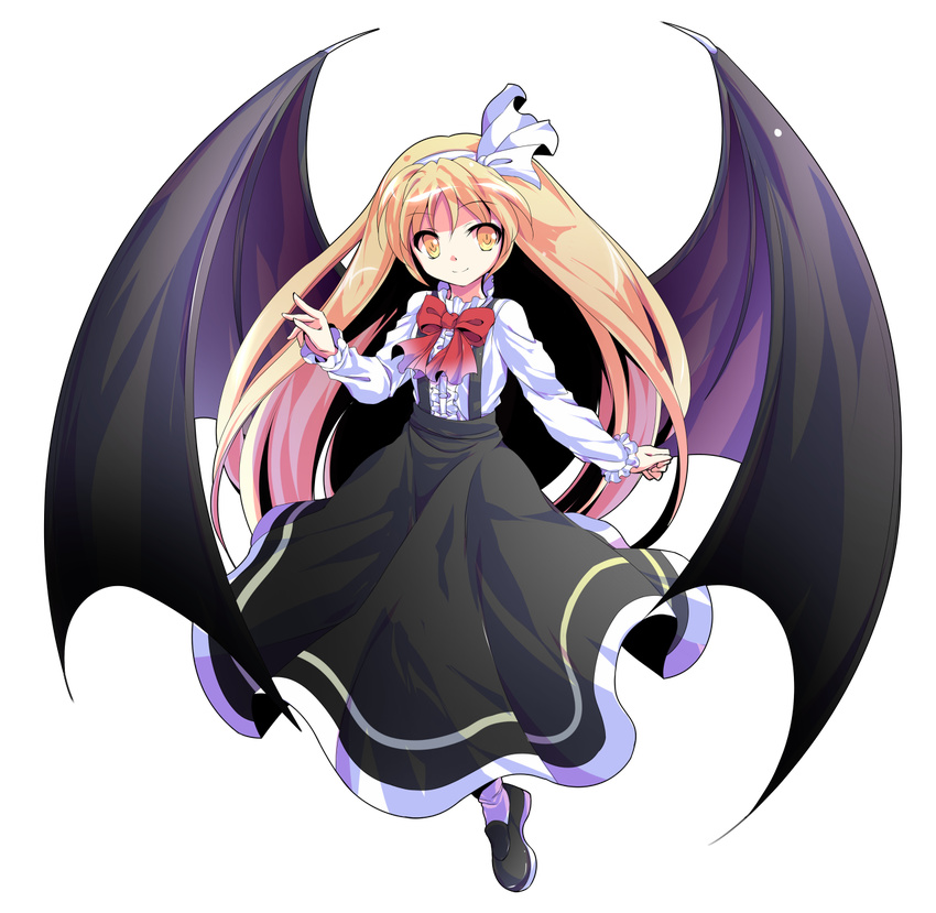 alphes_(style) bangs bat_wings black_footwear black_skirt blonde_hair bow bowtie buttons closed_mouth dairi dress_shirt eyebrows eyebrows_visible_through_hair frilled_sleeves frills full_body hair_between_eyes hairband high-waist_skirt highres kurumi_(touhou) loafers long_hair long_skirt long_sleeves looking_away looking_to_the_side parody purple_wings red_bow red_neckwear ribbon shirt shoes skirt smile solo style_parody suspenders tareme touhou touhou_(pc-98) transparent_background very_long_hair white_hairband white_legwear white_ribbon white_shirt wings yellow_eyes