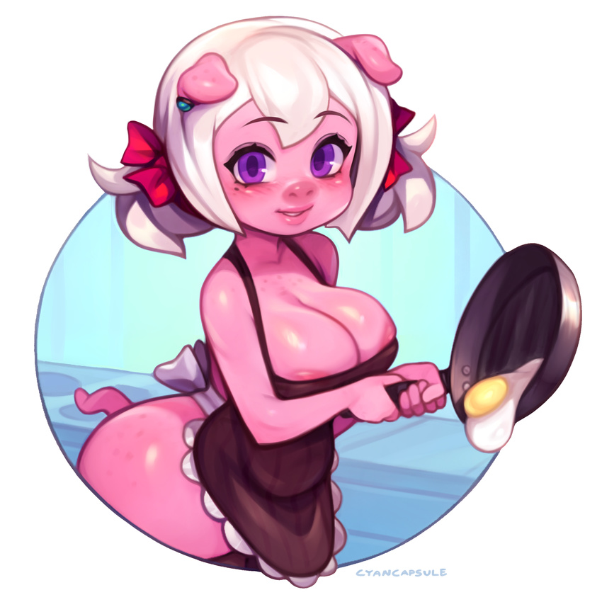 2017 anthro apron areola big_breasts blush bow breasts cleavage clothed clothing cooking cyancapsule ear_piercing egg emelie female food frying_pan hair hi_res holding_object looking_at_viewer mammal piercing pig porcine purple_eyes ribbons simple_background solo white_hair