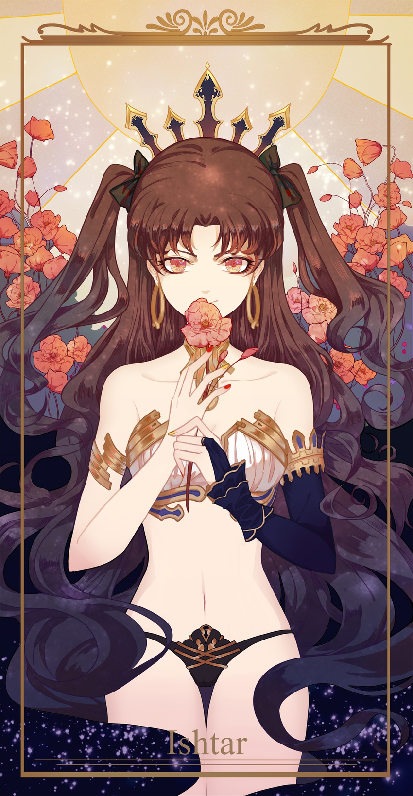 absurdres armlet bai_yan bangs bare_shoulders black_hair collarbone earrings fate/grand_order fate_(series) flower framed highres holding holding_flower ishtar_(fate/grand_order) jewelry long_hair midriff nail_polish navel orange_eyes red_nails single_sleeve solo tiara twintails very_long_hair yellow_nails