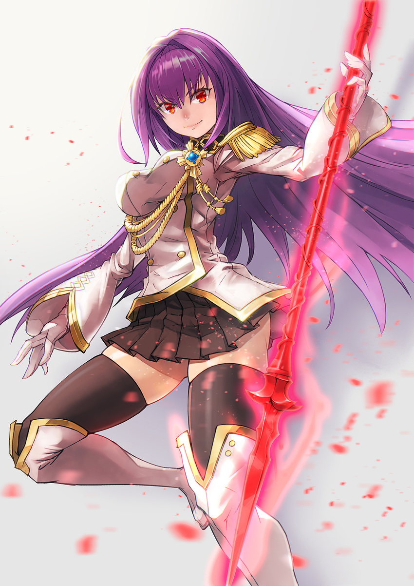 absurdres blonde_hair breasts commentary_request fate/extella_link fate/grand_order fate_(series) gae_bolg highres holding holding_weapon large_breasts long_hair looking_at_viewer polearm purple_hair red_eyes scathach_(fate)_(all) scathach_(fate/grand_order) solo spear srsojiro thighhighs weapon