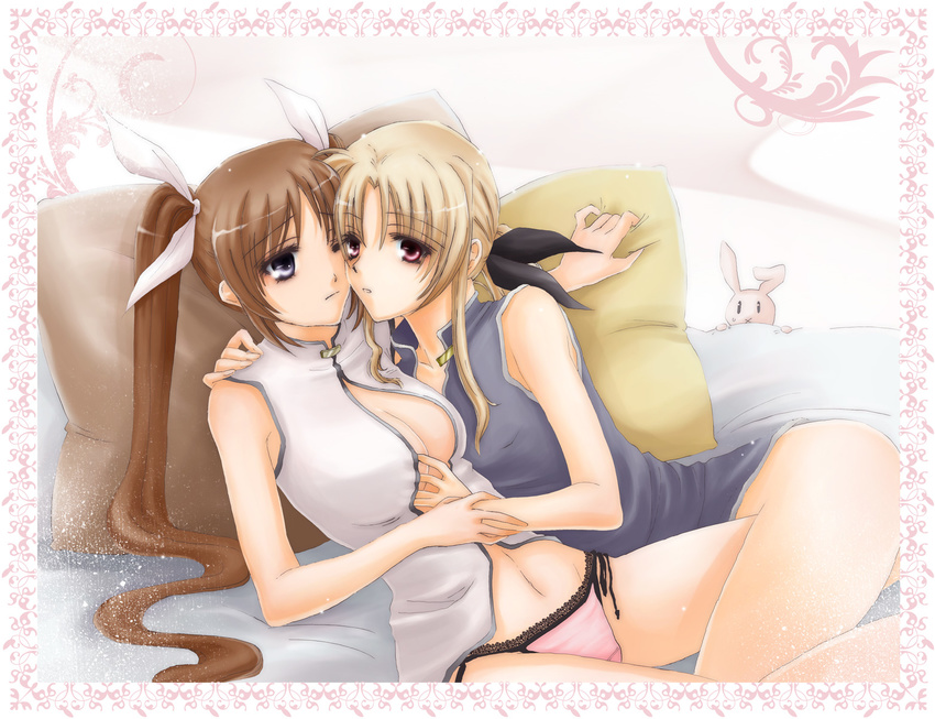 blonde_hair blue_eyes breast_grab breasts brown_hair cleavage fate_testarossa grabbing hair_ribbon highres large_breasts lina_(interlude) long_hair lyrical_nanoha mahou_shoujo_lyrical_nanoha_strikers multiple_girls navel one_eye_closed open_clothes open_shirt panties pillow red_eyes ribbon shirt takamachi_nanoha twintails underwear very_long_hair yuri