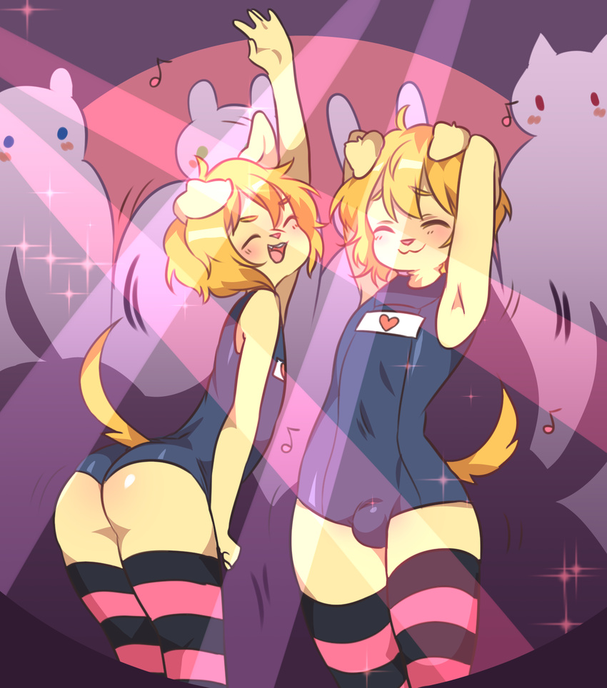 ambiguous_gender anthro blonde_hair blush bulge butt canine clothing cub dancing dog duo eyes_closed fur hair legwear male mammal open_mouth public rave school_swimsuit solo stockings swimsuit tan_fur unconventionalrender young