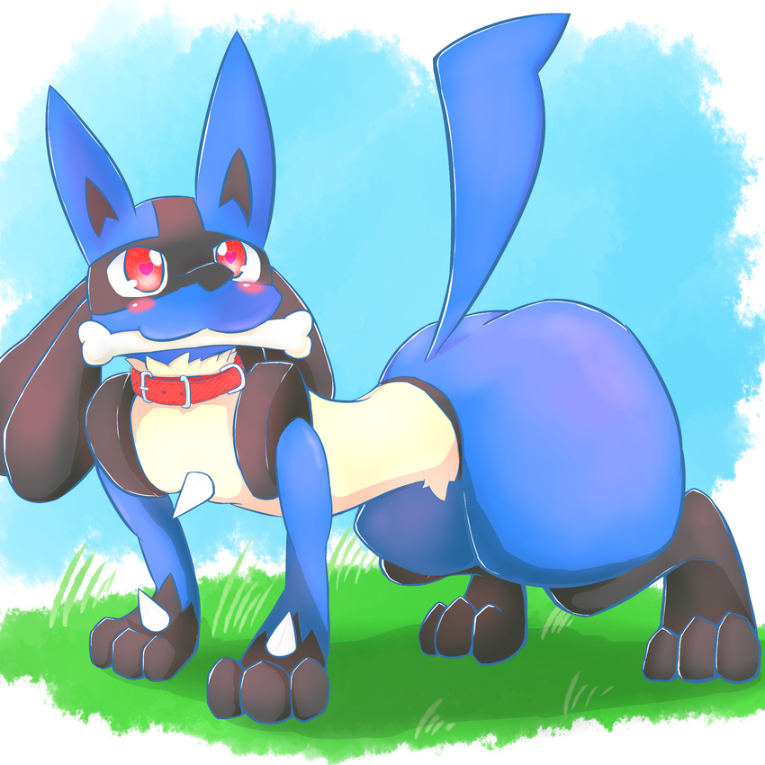 &lt;3 &lt;3_eyes all_fours ambiguous_gender blush bone butt collar cute grass happy hi_res lucario nintendo pok&eacute;mon pok&eacute;mon_(species) red_eyes solo thick_thighs video_games ギンジ