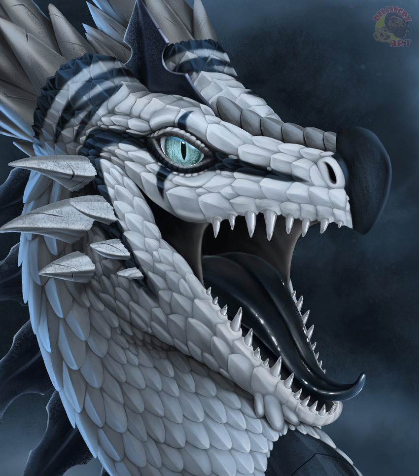 2017 black_tongue blue_eyes delkon detailed_background dragon feral headshot_portrait horn open_mouth portrait scales solo teeth tongue white_scales