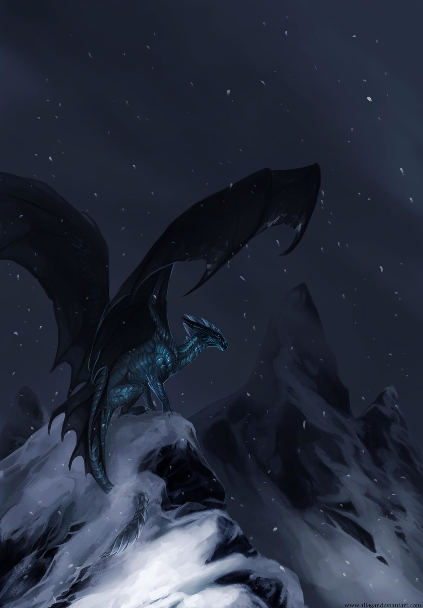 allagar ambiguous_gender black_markings blue_eyes blue_markings blue_scales detailed_background dragon feral grey_scales hi_res markings membranous_wings mountain night outside scales scalie sitting snow snowing solo western_dragon wings