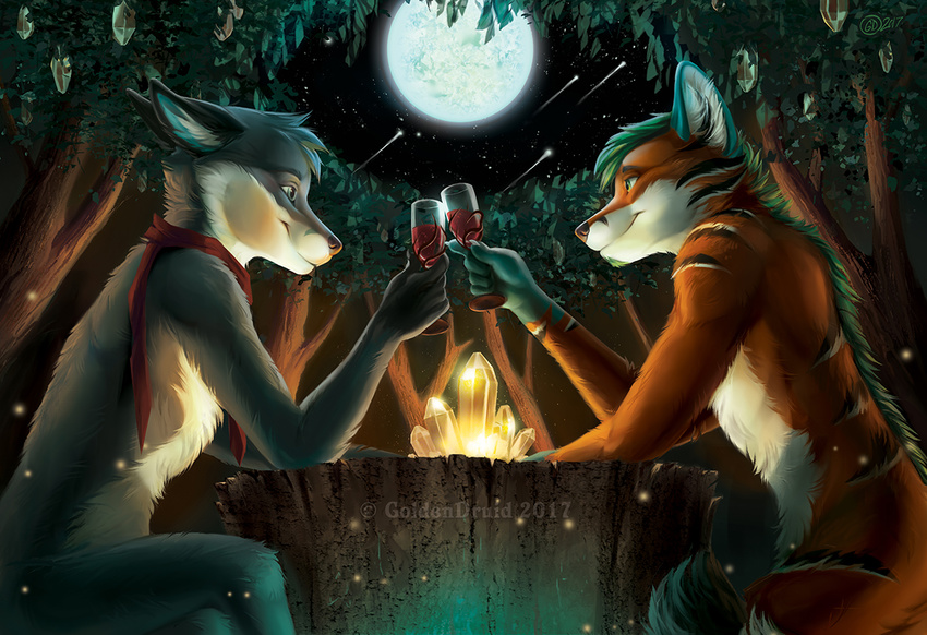 2017 anthro canine duo fox fur goldendruid grey_fur mammal moon night orange_fur outside smile watermark wolf