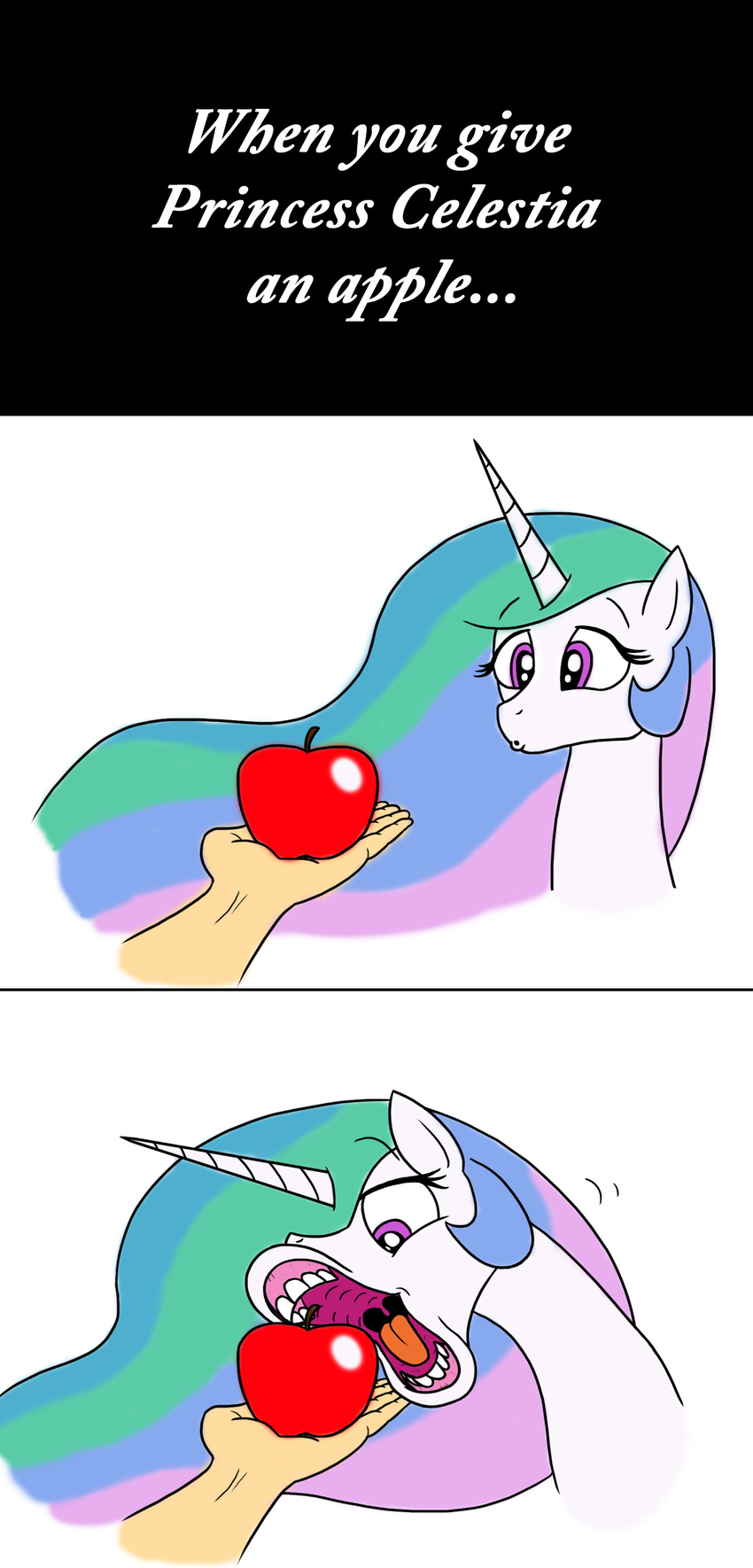 ... 2018 :o apple banebuster comic disembodied_hand disembodied_head eating english_text equine eyebrows eyelashes feeding food friendship_is_magic fruit hair hi_res holding_food holding_object horn human mammal multicolored_hair my_little_pony open_mouth princess_celestia_(mlp) purple_eyes silly solo_focus teeth text tongue unicorn