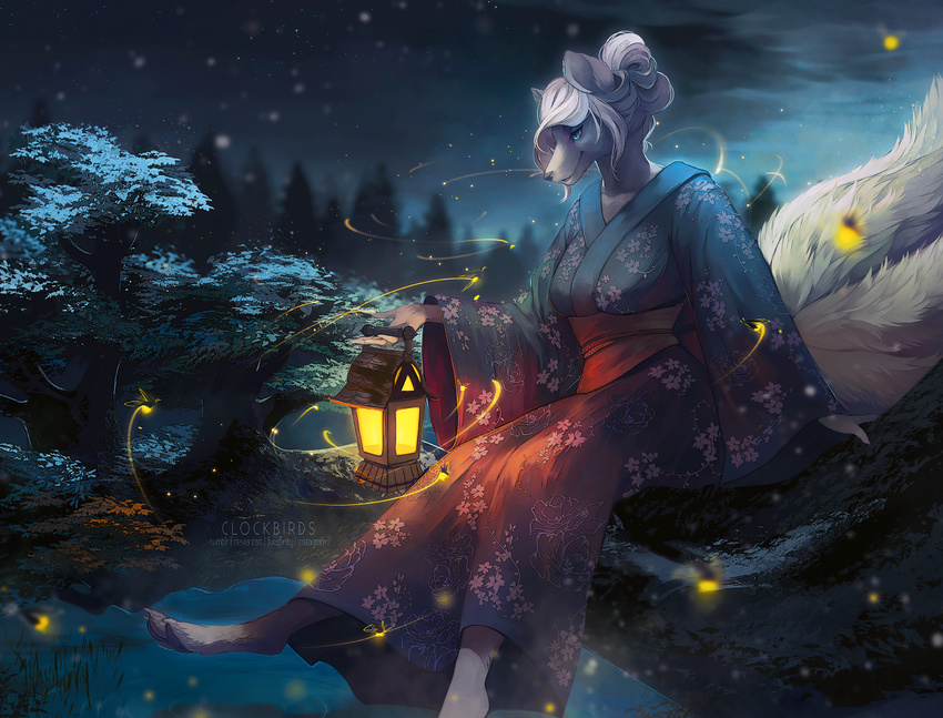 anthro blue_eyes branch breasts canine claws clockbirds clothed clothing cloud detailed_background female firefly fluffy fluffy_tail forest fox fully_clothed fur grey_fur hair hair_bun holding_object humanoid_hands japanese_clothing kimono lantern mammal markings multi_tail nature night on_branch outside pawpads pine_tree pond sitting sky smile socks_(marking) solo star toe_claws tree white_fur white_hair white_marking