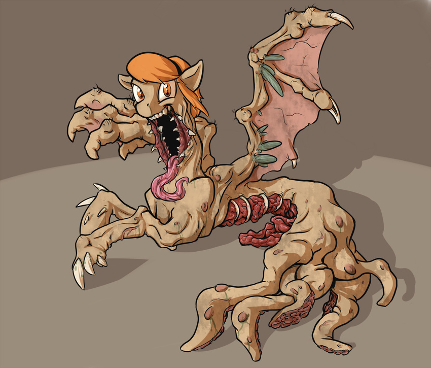 bone claws equine fan_character fangs female full-length_portrait hair horse kalemon long_tongue looking_at_viewer mammal monster my_little_pony nightmare_fuel orange_eyes orange_hair parasite portrait saliva sharp_teeth simple_background teeth tentacles the_thing thingpone tongue where_is_your_god_now why wings