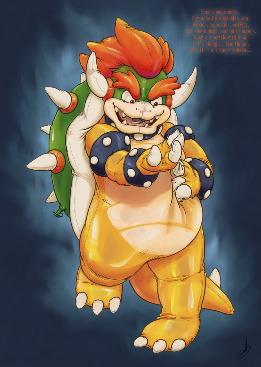 3_toes 4_fingers abstract_background anthro blue_background bowser claws clothed clothing costume digital_drawing_(artwork) digital_media_(artwork) english_text fursuit hair hi_res horn human hypnosis koopa male mammal mario_bros mind_control nintendo nude open_mouth red_hair scalie simple_background smile solo spike_(disambiguation) spikes stormdragonblue teeth text toe_claws toes tongue video_games wrist_cuff