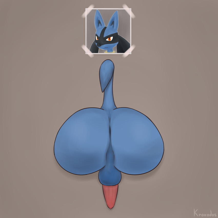 2017 absurd_res animal_genitalia animal_penis anus backsack balls big_butt butt butt_focus canine_penis erection hi_res krokodos lucario male mammal nintendo penis perineum pok&eacute;mon pok&eacute;mon_(species) presenting presenting_hindquarters public_use raised_tail rear_view simple_background solo through_wall video_games