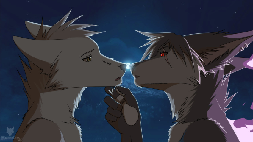 2016 5_fingers anthro black_fur black_hair black_nose blue_nose brown_eyes canine clothed clothing demon duo ear_piercing ears_back egsaku fingerpads fur grey_fur grey_hair hair hi_res imminent_kiss kissing male mammal moon moonlight multicolored_fur night piercing red_eyes romantic_couple scar side_view topless two_tone_fur white_fur white_hair wolf