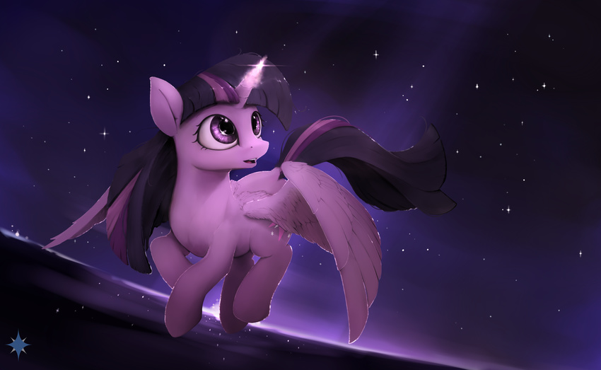 2016 cute cutie_mark equine eyelashes feathered_wings feathers female flying friendship_is_magic full-length_portrait glowing glowing_horn hair hi_res horn light mammal multicolored_hair my_little_pony night noctilucent-arts open_mouth outside portrait purple_eyes sky solo star starry_sky suspended_in_midair teeth tongue twilight_sparkle_(mlp) winged_unicorn wings