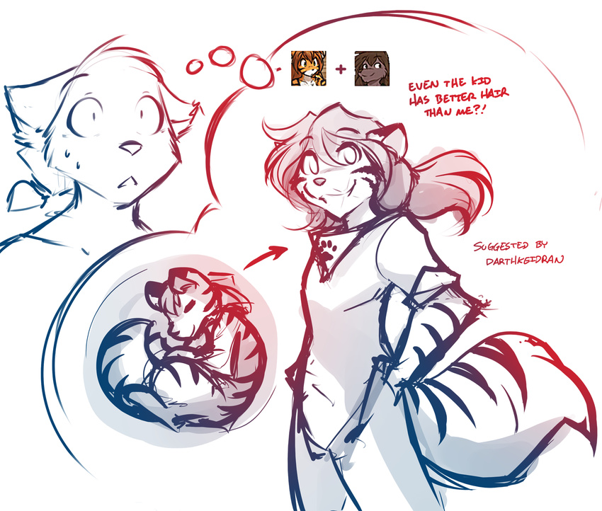 2018 ambiguous_gender anthro baby canine clothed clothing cub curled_up duo english_text feline flora_(twokinds) fur grin hair hi_res humor hybrid keidran long_hair male mammal monochrome natani nervous ponytail shocked simple_background sketch smile solo_focus striped_fur stripes sweat sythe_(twokinds) teenager text thought_bubble tiger tom_fischbach twokinds webcomic white_background wolf young