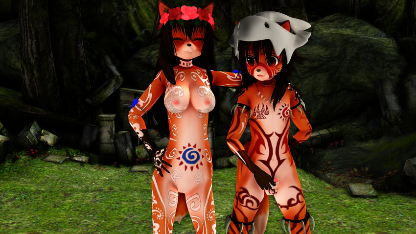 3d_(artwork) anthro balls bodypaint breasts brother brother_and_sister brown_fur brown_hair digital_media_(artwork) duo eyes_closed female flower fur hair japanese_kobold jewelry male malicekira monster_musume necklace nipples open_mouth penis plant pussy red_eyes sibling sister skull smile tribal