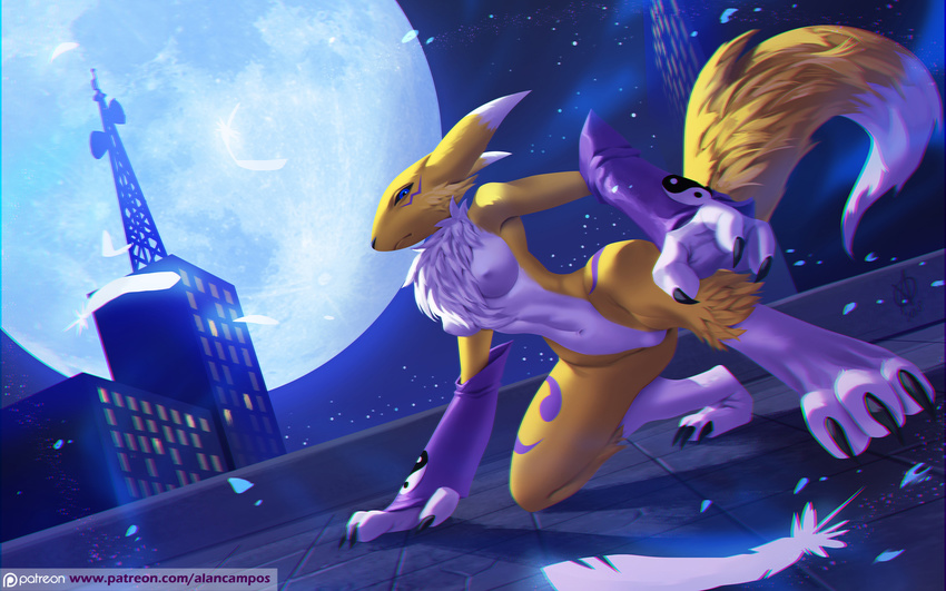 alanscampos anthro barely_visible_genitalia blue_eyes breasts detailed_background digimon digitigrade female fur hi_res night nipples outside renamon solo subtle_pussy yellow_fur