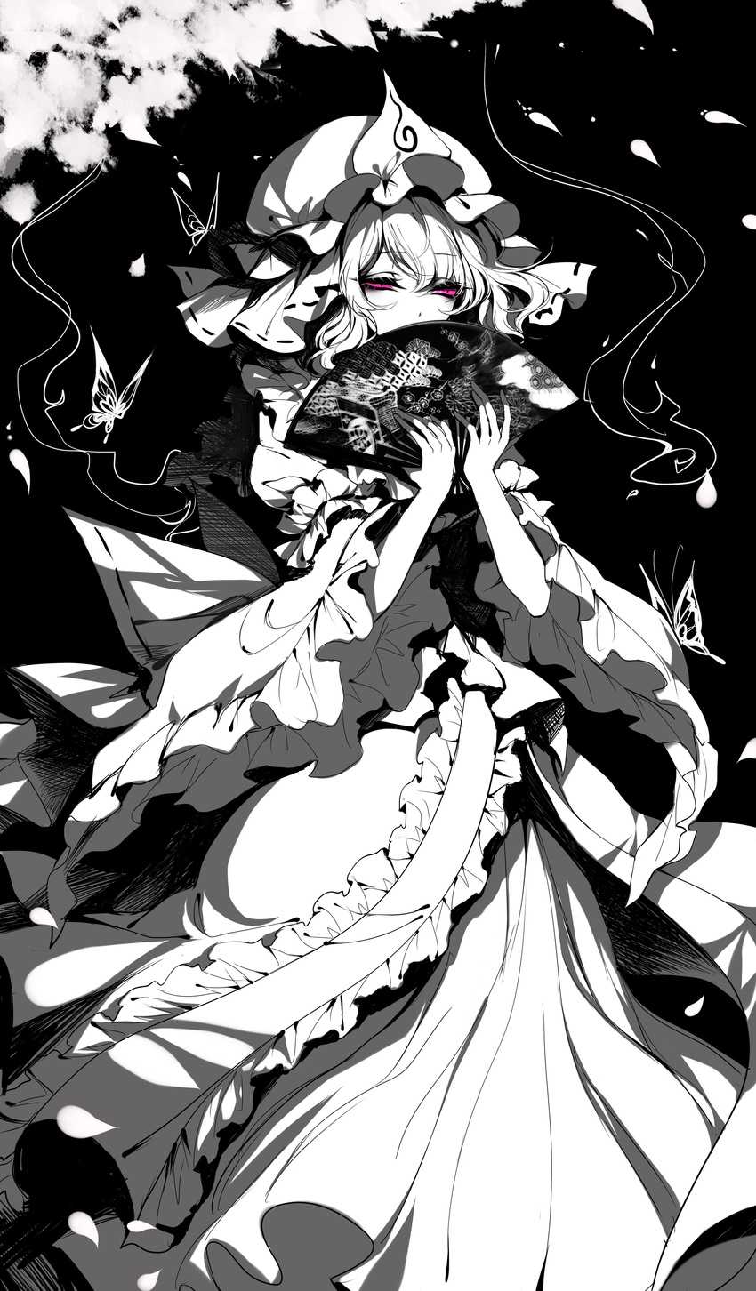 absurdres arm_garter black_background bug butterfly commentary covering_mouth dress eyebrows_visible_through_hair fan frills hat highres hitodama holding holding_fan insect limited_palette long_sleeves mob_cap monochrome petals pink_eyes saigyouji_yuyuko sheya short_hair solo spot_color touhou triangular_headpiece veil wide_sleeves