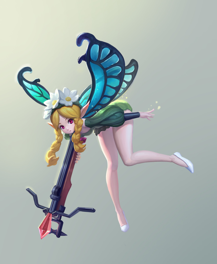 absurdres bangs bare_legs blonde_hair bow_(weapon) braid closed_mouth commentary crossbow dress dusttodusk fairy fairy_wings flower flying full_body green_dress grey_background hair_flower hair_ornament highres long_hair long_sleeves looking_at_viewer mercedes odin_sphere parted_bangs parted_lips pointy_ears puffy_long_sleeves puffy_sleeves purple_eyes shoes simple_background solo twin_braids weapon white_footwear wings