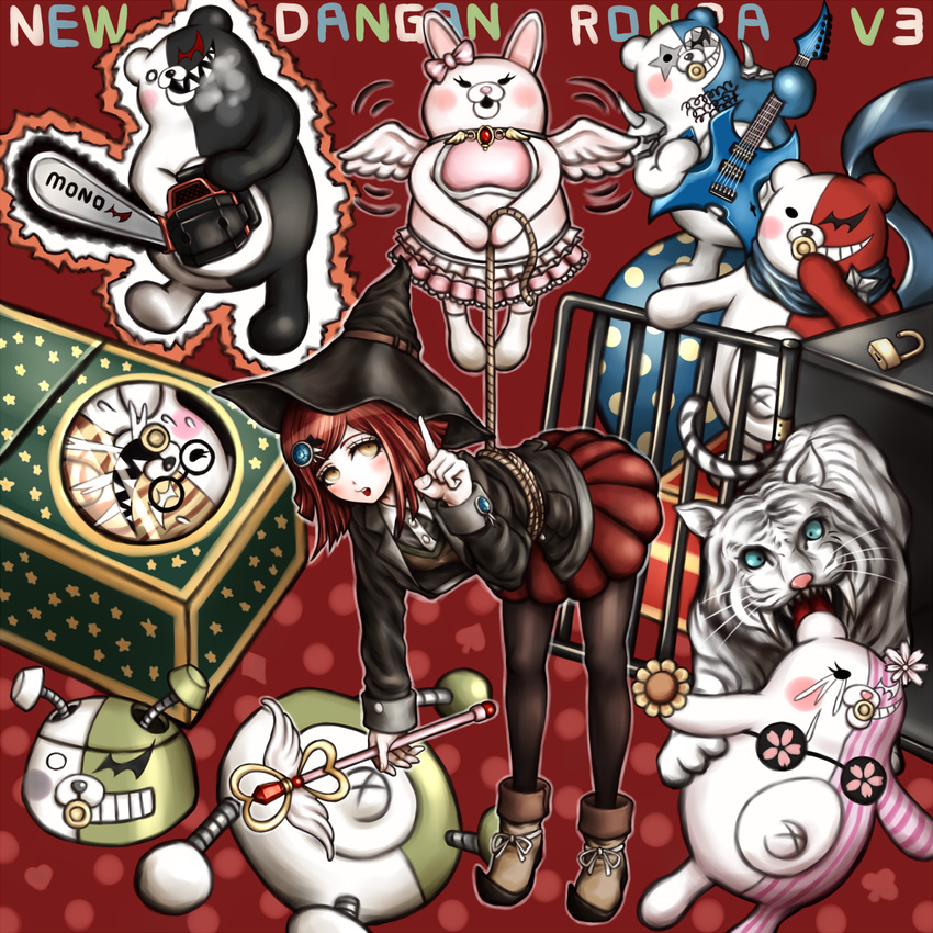 boots bow brown_eyes danganronpa hair_ornament hairclip hat highres komatsuzaki_rui_(style) monodam monofunny monokid monokuma monomi_(danganronpa) monosuke monotarou_(danganronpa) new_danganronpa_v3 official_style open_mouth oyume pantyhose pleated_skirt red_hair rope short_hair skirt tiger tiger_cub witch_hat yumeno_himiko