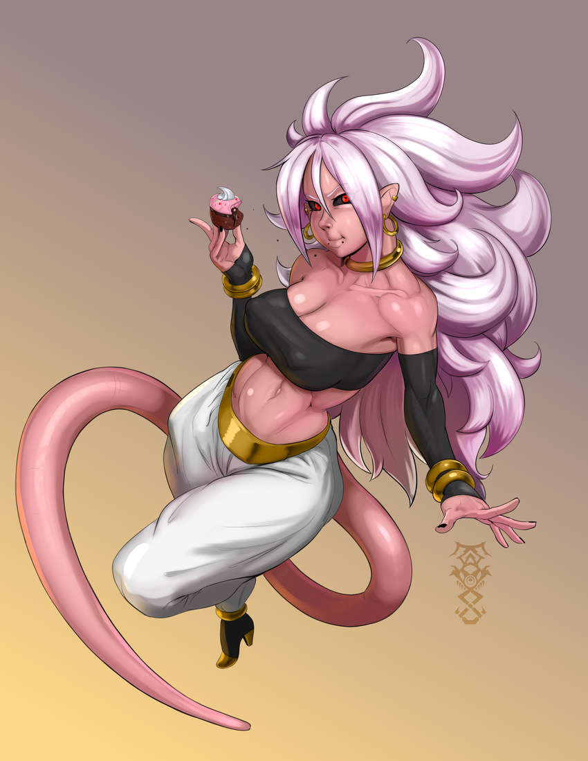:t absurdres alternate_form android_21 bare_shoulders black_nails black_sclera bracelet breasts cleavage commentary covered_nipples cupcake dragon_ball dragon_ball_fighterz earrings eating food full_mouth harem_pants highres hoop_earrings jewelry kabos large_breasts lavender_hair looking_at_viewer majin_android_21 messy_hair nail_polish navel pants pink_skin pointy_ears red_eyes solo stomach strapless tail toned tubetop
