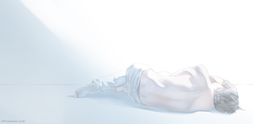 artist_name bare_back barefoot facing_away lying male_focus original pants rido_(ridograph) simple_background sunlight white_background white_hair white_pants