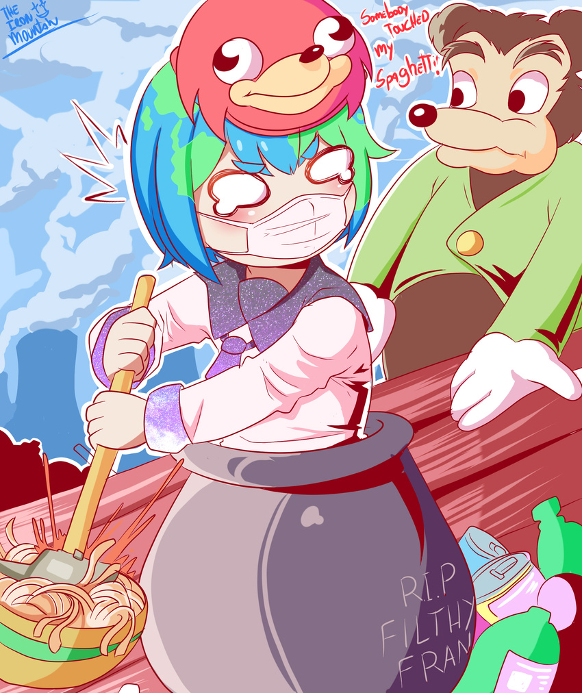 1girl absurdres artist_name bangs black_eyes blank_eyes blouse blue_hair blue_neckwear blue_sailor_collar blush bowl closed_mouth commentary earth-chan earth_hair eyebrows_visible_through_hair face_mask food getting_over_it green_hair green_shirt highres holding in_container knuckles_the_echidna long_sleeves mask meme multicolored_hair neckerchief nervous no_pupils nuclear_reactor parody pasta pot sailor_collar shirt somebody_touched_my_spaghetti space_print spaghetti starry_sky_print surgical_mask theironmountain tools two-tone_hair ugandan_knuckles white_blouse white_mask