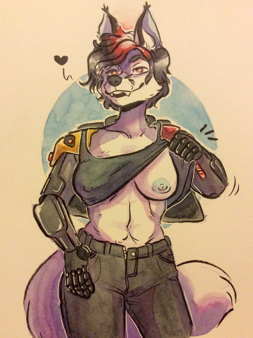 42a-209 android blue_nipples breasts canine cargo_pants clothing crop_top female fluffy fluffy_tail fluffyboobs glowing hi_res jaycemonde light_background looking_at_viewer machine mammal nipples pants red_eyes robot rubber shirt solo traditional_media_(artwork) vatz watercolor_(artwork)