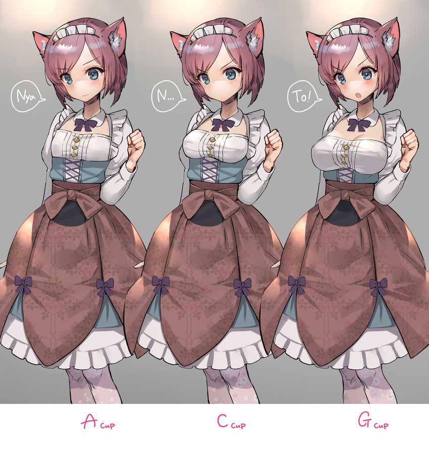:o animal_ears bangs blush bow breasts brown_hair brown_skirt cat_ears closed_mouth detached_collar eyebrows_visible_through_hair floral_print grey_background highres hitowa juliet_sleeves large_breasts long_sleeves maid_headdress medium_breasts original parted_lips pink_legwear print_legwear puffy_sleeves purple_bow shirt short_hair simple_background skirt small_breasts solo thighhighs v-shaped_eyebrows white_collar white_shirt