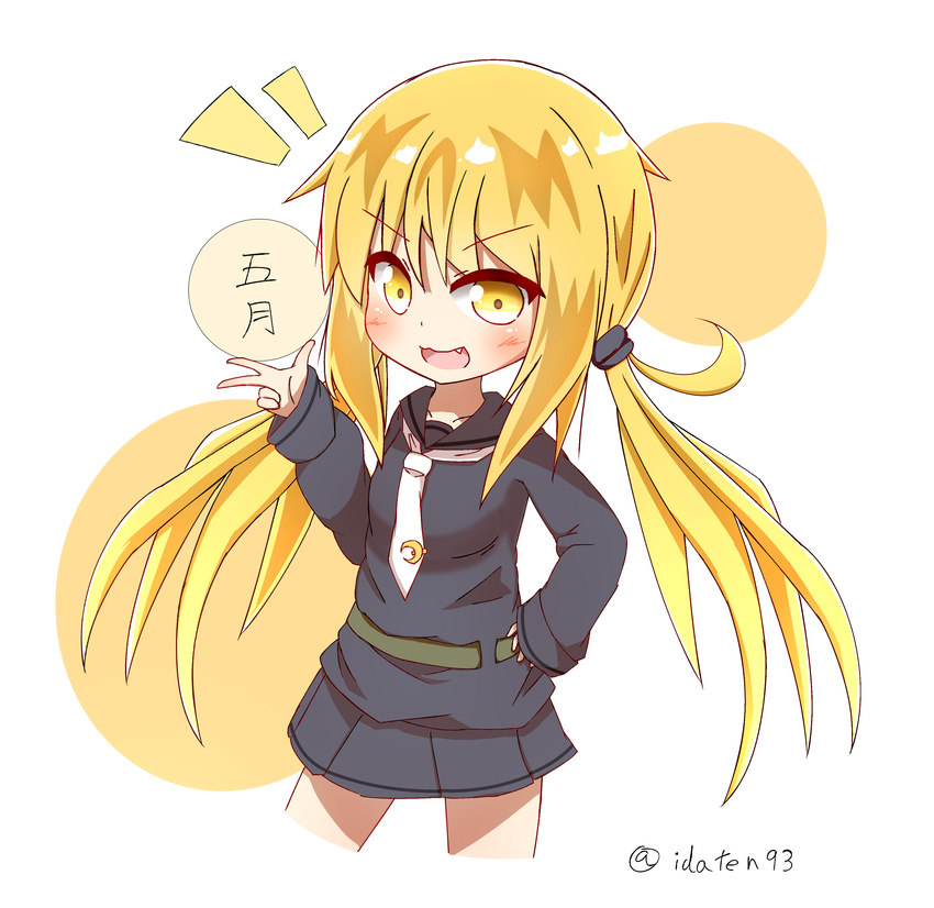 :d absurdres bangs belt black_serafuku black_shirt black_skirt blonde_hair blush character_name commentary_request crescent crescent_moon_pin cropped_legs eyebrows_visible_through_hair fang hair_between_eyes hand_on_hip highres idaten93 kantai_collection long_hair long_sleeves looking_at_viewer low_twintails necktie open_mouth pleated_skirt satsuki_(kantai_collection) school_uniform serafuku shirt skirt sleeves_past_wrists smile solo tie_clip translated twintails twitter_username v-shaped_eyebrows very_long_hair white_background white_neckwear yellow_eyes