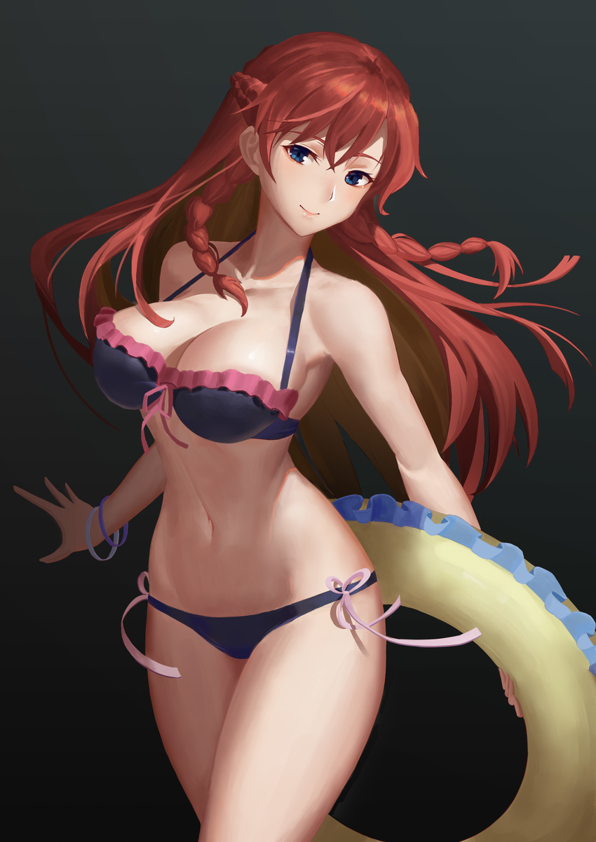 absurdres bikini black_bikini blue_eyes bracelet braid breasts cleavage closed_mouth commentary_request cowboy_shot frilled_bikini frills gradient gradient_background halterneck head_tilt highres holding holding_innertube innertube jewelry large_breasts long_hair looking_at_viewer multicolored_hair navel northman re:creators red_hair revision selesia_upitiria simple_background smile solo standing swimsuit twin_braids two-tone_hair