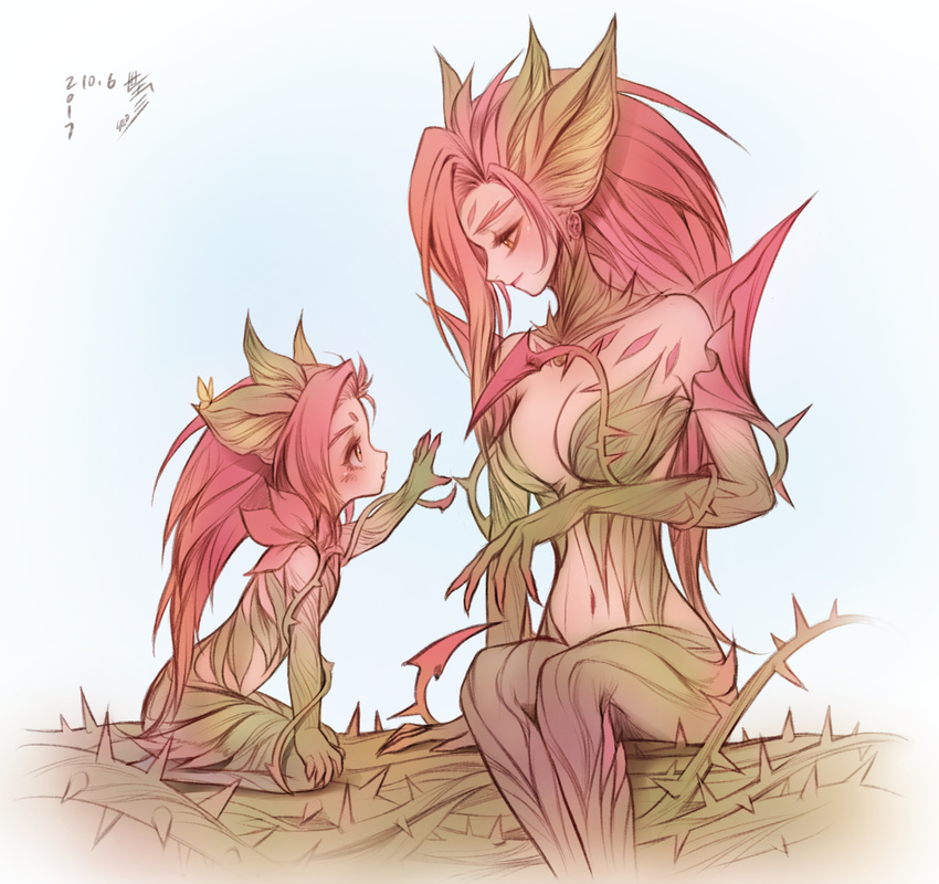 bebseo breasts child commentary dated dual_persona highres league_of_legends long_hair looking_at_another medium_breasts monster_girl multiple_girls plant plant_girl reaching red_hair simple_background thorns vines white_background yellow_eyes younger zyra