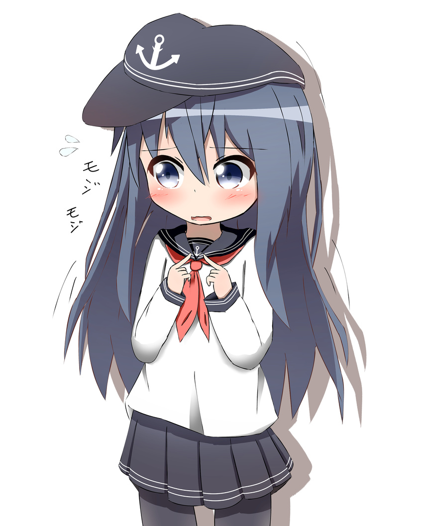 absurdres akatsuki_(kantai_collection) anchor_print bangs black_hair black_hat black_legwear black_skirt blue_eyes blush commentary_request cowboy_shot eyebrows_visible_through_hair flat_cap flying_sweatdrops hair_between_eyes hat highres idaten93 kantai_collection long_hair long_sleeves looking_away looking_to_the_side neckerchief pantyhose parted_lips pleated_skirt red_neckwear school_uniform serafuku shirt simple_background skirt solo translation_request very_long_hair white_background white_shirt